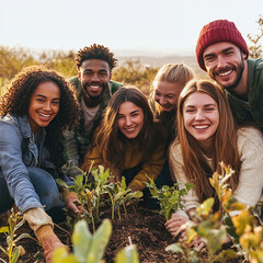 group of friends planting seedlings at a garden smiling into the camera. Advertisement 