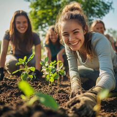 young woman planting flowers in garden. AD
