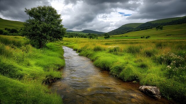 Serene Green Valley with Flowing Stream and Rolling Hills