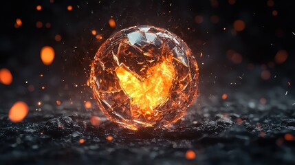 Fractured Glass Sphere Emitting Intense Fire Light Energy Display