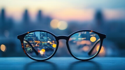 Close up of spectacles on blurry city background. Clean vision concept.