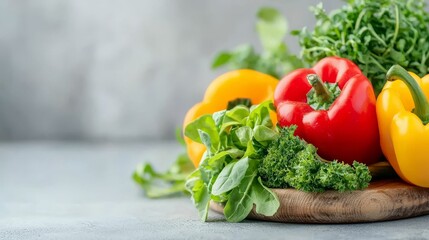 A vibrant assortment of fresh vegetables, including red and yellow bell peppers, greens, and herbs, displayed on a wooden platter against a textured background.
