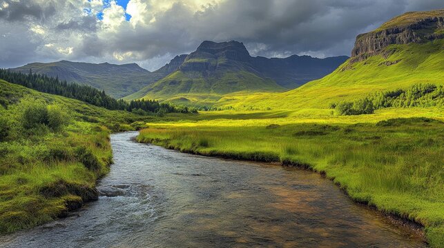 Scenic Mountain Valley with Flowing River and Vibrant Green Landscape
