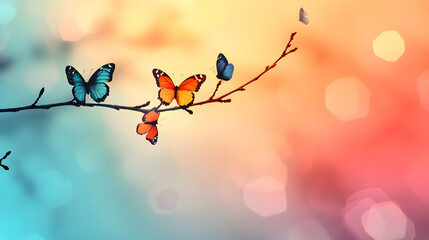 un fondo colorido con efecto blur o bokeh con una rama de arbol y mariposas coloridas cobre la rama con espacio de copia para tarjeta de primavera