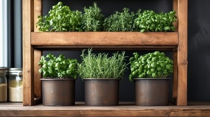 A wooden shelf displays various potted herbs, including basil, thyme, and coriander, creating a fresh and inviting kitchen atmosphere.