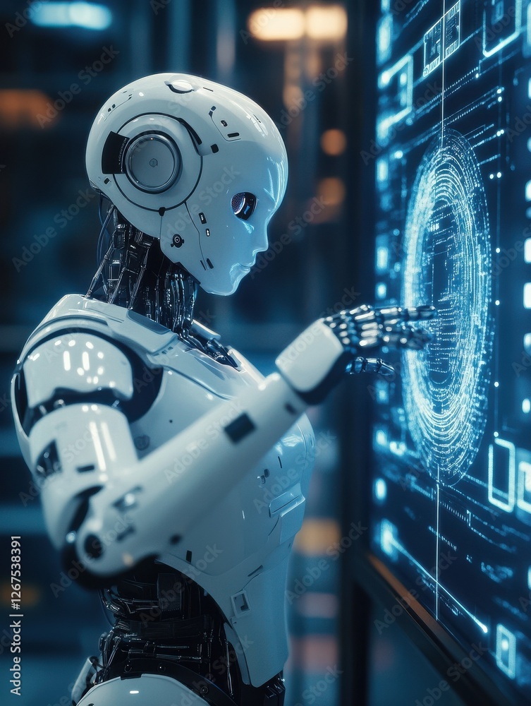 Poster design of a smart humanoid robot with artificial intelligence touching a hologram digital interface 