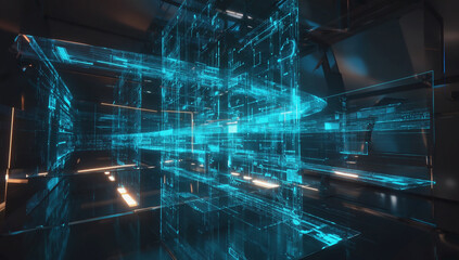 Cybernetic Matrix: Abstract digital art depicting a futuristic, interconnected network of glowing blue crystalline structures, creating a mesmerizing and complex visual effect. 