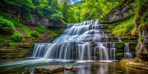 Fototapeta premium Rule of thirds composition captures Havana Glen's breathtaking Montour Falls waterfall; stunning nature photography.