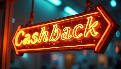 Obraz premium Neon cashback sign illuminated in a vibrant urban setting, attracting customers to a promotion