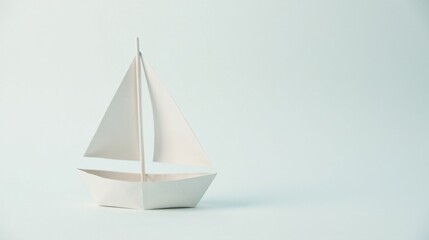 A miniature sailboat crafted from white paper, elegantly poised on a light blue backdrop, symbolizes hope and the pursuit of dreams.