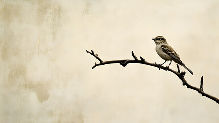 una rama de arbol con un pajaro cafe sobre un fondo claro con espacio de copia aves en la naturalea hermosa imagen para tarjeta en primavera