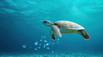 Obraz premium Graceful Sea Turtle Swimming in Clear Blue Ocean Water Surrounded by Plankton and Bubbles, Capturing the Beauty of Marine Life and Underwater Adventure
