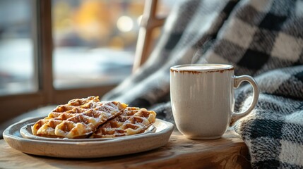 A cozy autumn breakfast with a steaming mug of chai latte, carrot cake waffles, and a plaid blanket draped over a wooden chair in the background