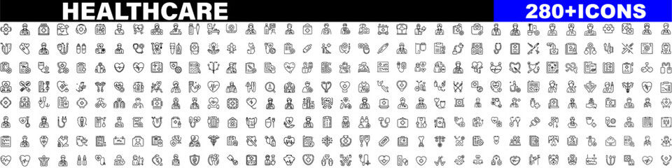 Healthcare set of web icons in line style. Medicine and Health Care linear icon collection. Containing emergency, doctor, treatment, medical, report, diagnosis, health, prevention. Editable stroke