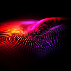 Abstract landscape of vibrant, dotted waves flowing from warm reds to cool purples against a dark background.