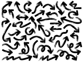 Hand drawn arrow vector icons set. Sketch arrow design for business plan and education. Set of brush arrows black icons. Circle arrows, rotate arrow, redo process symbol.