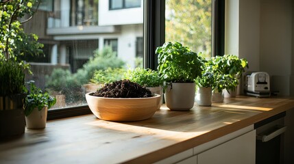 Fototapeta premium A bright kitchen window displays a wooden countertop adorned with potted herbs and a bowl of soil, creating a refreshing indoor garden atmosphere.