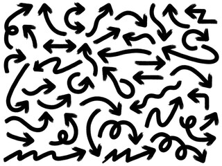 Hand drawn arrow vector icons set. Sketch arrow design for business plan and education. Set of brush arrows black icons. Circle arrows, rotate arrow, redo process symbol.