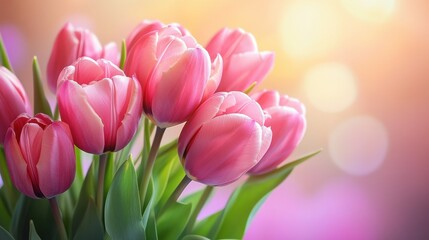 Fototapeta premium Pink tulips bouquet on blurry background, spring flowers for international womens day 8 march as gift, violet purple bunch romantic present from floral shop made by florist, close up view copy space