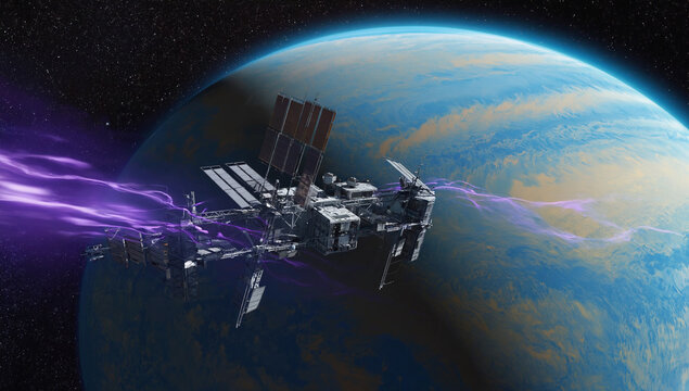 Space Station Orbiting a Purple Aurora: A futuristic space station orbits a vibrant planet with a breathtaking purple aurora.