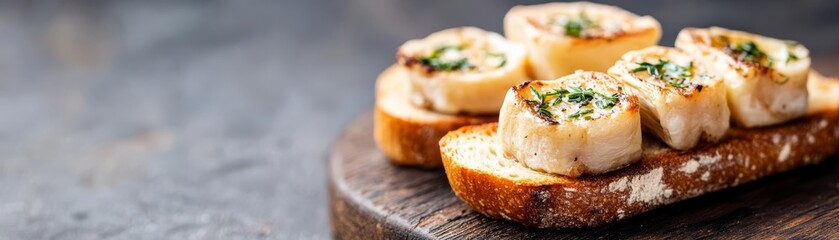 Roasted bone marrow on sourdough bread, gourmet protein dish with herbs