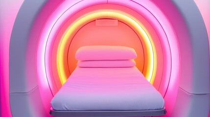 Obraz premium A colorful MRI scanner with a pink illuminated bed in a modern medical facility, showcasing a high-tech healthcare environment.