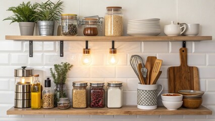 Rustic Kitchen Shelving with Spices and Utensils