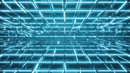 Obraz premium Neon Grid: A mesmerizing abstract backdrop of luminous blue neon lines creating a dynamic grid pattern, evoking a sense of futuristic technology and digital space. 