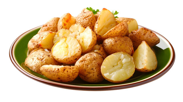 A plate of crispy fried potatoes served with a green plate isolated on a transparent background, perfect for showcasing fast food, unhealthy snacks, or comfort food in food photo.
