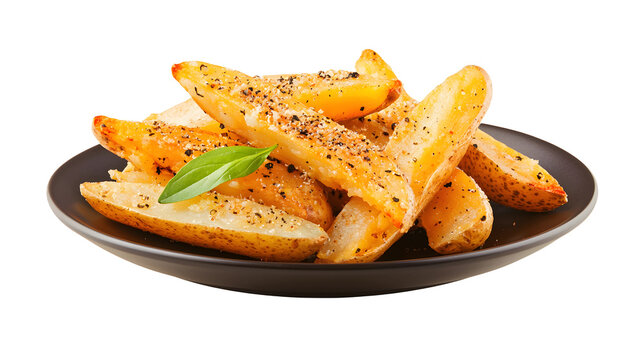 A plate of crispy fried potatoes served with a green plate isolated on a transparent background, perfect for showcasing fast food, unhealthy snacks, or comfort food in food photo.
