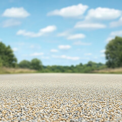 Pebble surface leading to a blurred green landscape under a bright blue, cloudy sky.