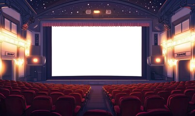 Obraz premium Empty vintage movie theatre, blank screen, evening
