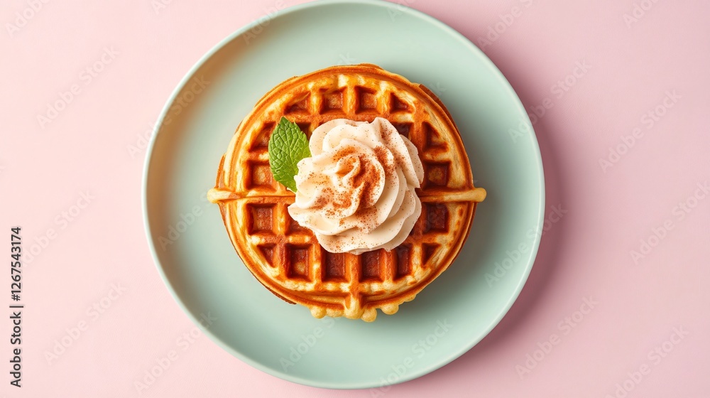 Poster A single carrot cake waffle, artistically plated with a swirl of cream cheese frosting, a sprinkle of cinnamon, and a sprig of mint, set against a soft pastel background