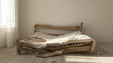 Rustic Wooden Bed Frame Broken in Sunlit Room