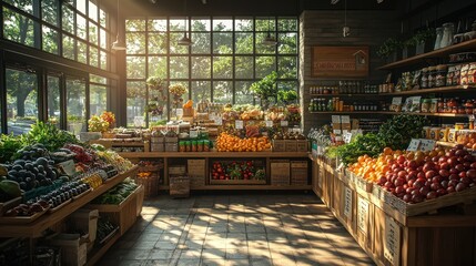 Fototapeta premium Sunny grocery store interior, fresh produce display, city view. Use Stock photo