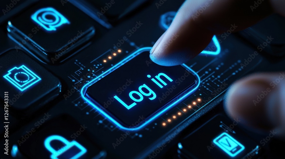 Poster Close-Up of a Finger Pressing a Futuristic Log In Button on a Digital Keyboard Interface in a Technical Setting