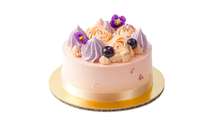 An elegant pink and purple cake designed for a girl's birthday celebration, showcasing intricate fondant decorations and delicate floral accents isolated on a transparent background.