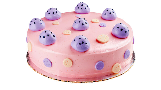 An elegant pink and purple cake designed for a girl's birthday celebration, showcasing intricate fondant decorations and delicate floral accents isolated on a transparent background.