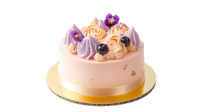 An elegant pink and purple cake designed for a girl's birthday celebration, showcasing intricate fondant decorations and delicate floral accents isolated on a transparent background.