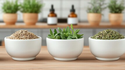 An array of fresh herbs and spices beautifully arranged in bowls, showcasing vibrant greens and earthy tones in a kitchen setting.
