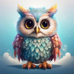 A whimsical digital drawing of an owl with a colorful body, large white and teal eyes, and pastel wings.