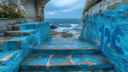 Fototapeta premium A blue staircase leads to a blue wall with the number 12 on it