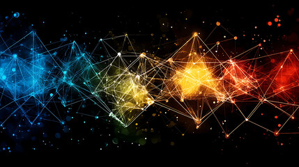 Obraz premium Colorful Abstract Network of Interconnected Nodes and Lines Against a Black Background Image