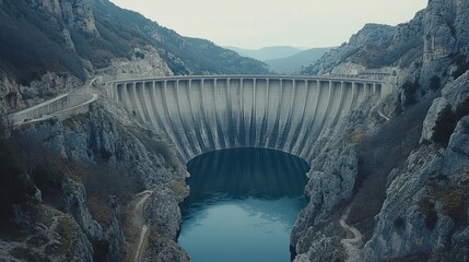 Obraz premium Mountain valley dam, road, reservoir, serene landscape