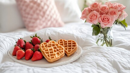 A Valentine’s Day breakfast-in-bed setting, with heart-shaped carrot cake waffles, a side of strawberries, and a vase of pink roses on a white duvet