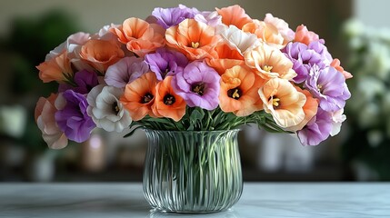 A Colorful Bouquet of Lisianthus Blossoms in a Textured Glass Vase