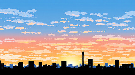 Silhouette city skyline sunrise colorful clouds