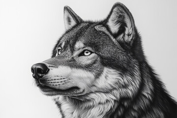 Detailed black and white portrait of a wolf showcasing sharp features and intense gaze