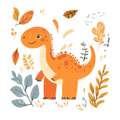 Happy orange dinosaur surrounded by autumn leaves and plants a cheerful prehistoric scene