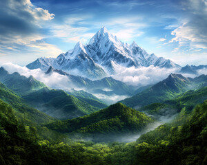 Fototapeta premium Nature's beauty showcases a perfect blend of rugged mountains and vibrant forests.